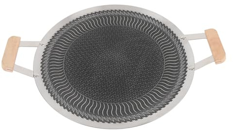 LOCADENCE Pan la Parrilla Barbacoa, Placa Redonda Acero Inoxidable, Plato Barbacoa con Mango Madera para Reuniones Cocina al Aire Libre (38 cm)