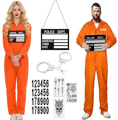 Efymosce Disfraz de Prisionero, Disfraz Preso Hombre, Disfrazs de prisión naranja con esposas, Mono de Presidiario para Adultos, Disfrazs Carcel Naranja Hombre para Halloween, Carnaval, Cosplay