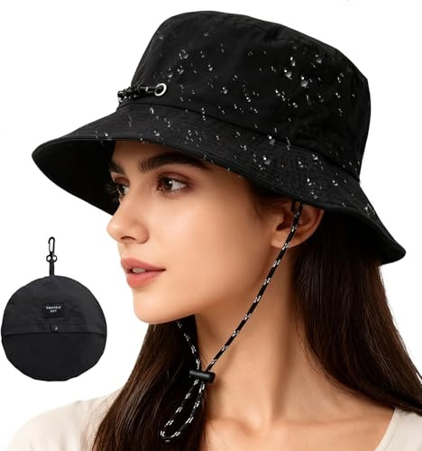 Waterproof Bucket Hat for Women, adjustable Foldable Rain Hat, UV Protection Sun Summer Outdoor Hiking Cap with Chin Strap Packable Windproof For Golf Camping Walking Fishing Sports Safari Cap