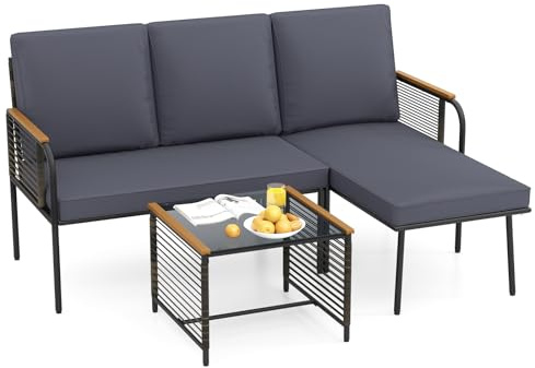 COSTWAY Lounge Möbel Outdoor, Polyrattan Gartenlounge mit Tisch und Kissen, Gartenmöbel Set, Balkonmöbel, Terrassenmöbel, 3-teilige Sitzgruppe, Sitzgarnitur für Garten, Terrasse, Balkon
