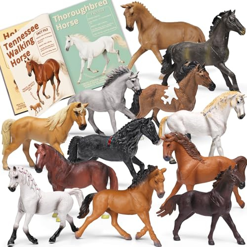 12-teiliges Pferde-Spielzeugset aus Plastik mit pädagogischem Buch und Geschenkbox, realistische Pferdefiguren für Kleinkinder 1-3, Pony-Partydekoration, Kuchendekoration, Geburtstags-, Feiertags- und