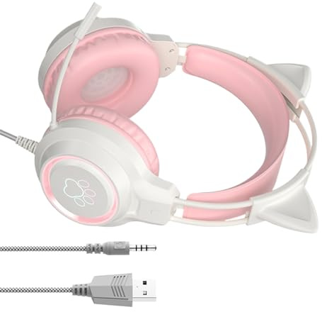 Cuffie cablate da gioco, cuffie con orecchie di gatto, microfono con cancellazione del rumore, audio del computer, cuffie stereo con suono, per donne, ragazze, adolescenti, adulti, musica, ascoltare