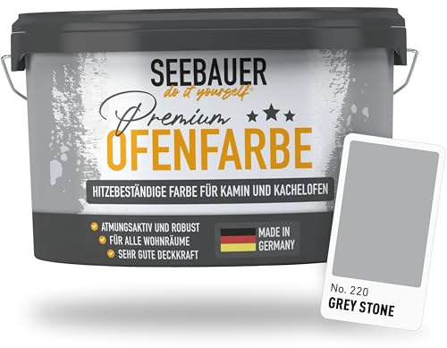 SEEBAUER diy Ofenfarbe Grau für Innen 2,5L (No. 220 Grey Stone) - Hitzebeständige Wandfarbe für Putz, Beton & Mauerwerk - Abwaschbare Farbe für Kamin und Kachelofen