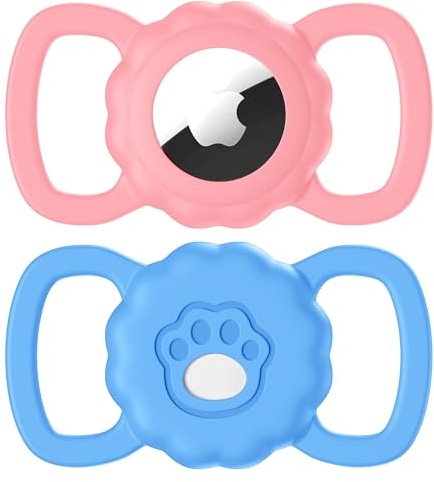 Maledan 2 Pack Collier Chien Airtag Compatible avec Apple AirTag, Le traqueur GPS avec localisation - Boîtier de Protection en Silicone avec Motif Patte pour Traqueur GPS, Rose+Bleu Ciel
