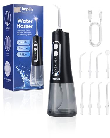 Keplin Cordless Water Dental Flosser for Teeth – Portable Oral Irrigator with 4 Cleaning Modes & 300ML Tank, 8 Replacement Jet Tips, IPX7 Waterproof, Rechargeable Tooth Cleaner for Home, Travel, Black