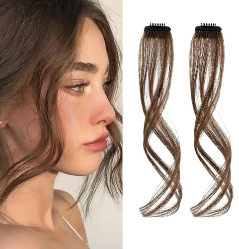 KBRPEY 2 Pezzi Frangia Clip Capelli Veri 35 cm Natural Side Air Bangs Draghi Sintetici Posticci con Tempie per Donne (Marrone B)
