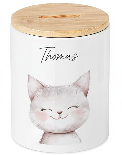 Katze Spardose für Kinder personalisiert Bauernhof Tiere Sparbox mit Bambusdeckel Geldgeschenk für Jungen & Mädchen