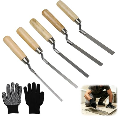 Foonary Macon Maurerkelle, 6 Stück Maurerkellen aus Edelstahl, 5 Fugenkelle mit Holzgriff, 6/8/10/12/15 mm, mit Handschuhen, für Fugen/Putz/Füllung, Schlitze, Farbe Stahl