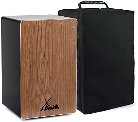 XDrum Cajon El Bajo Bass Port Black/Walnut - Integrierter Bass Port für druckvollen Sound - Trommelkiste für Percussion - Kistentrommel aus Holz - Inkl. Tragetasche