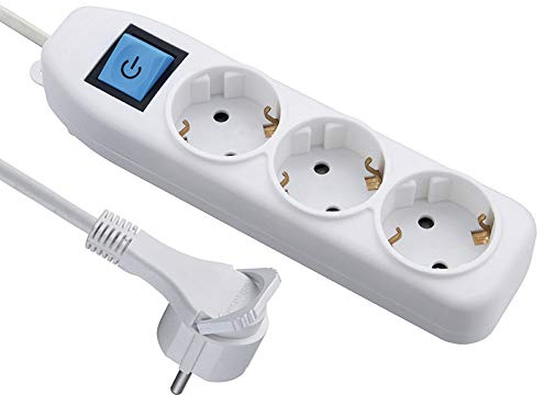 Electraline 62442, grenuttag 3-vägs med strömbrytare, kabel 3 m/flera uttag/bordsuttag stickkontakt, vit, 3 m med extra platt, platsbesparande kontakt