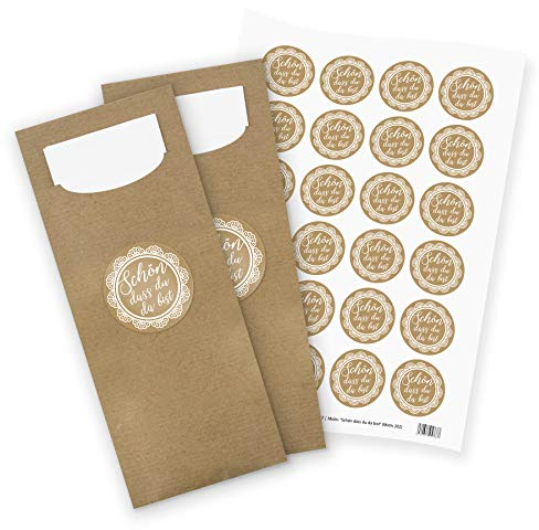 itenga 24x Bestecktaschen Pochetten aus Papier inkl. Serviette I Schön DASS du da bist Vintage I 8,2 cm x 20,0 cm I geeignet für alle Anlässe und Feierlichkeiten