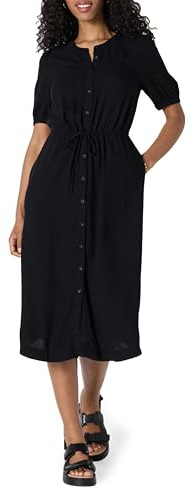 Amazon Essentials Women's Relaxed-Fit Half-Sleeve Breathable Button-Front Drawstring Waist Midi A-Line Dress with Pockets