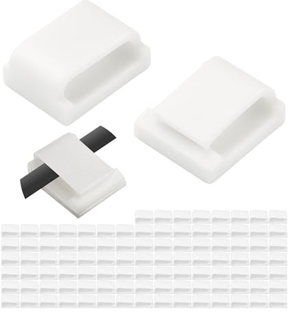 Kabel Management Clips zum Kleben, 100 Stück, in Weiss, 16 x 13 mm, Kabelklemme für TV, PC, Küchengerät, Lampe, usw., selbstklebende Kabelhalter, Kabelhalterungen für Wand, Decke, Boden, Cable Clips