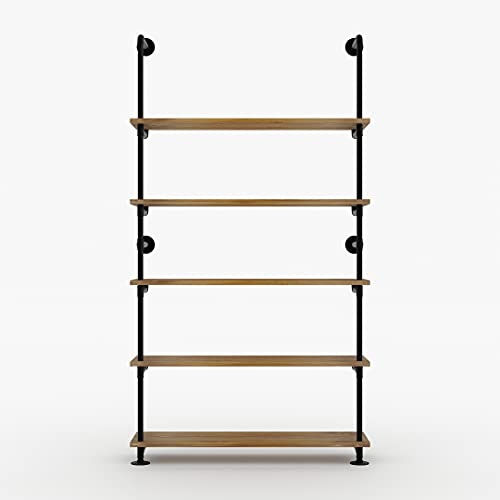 pamo Regal im Industrial Design mit Eichenbretter - LENNE - Regal für begehbaren Kleiderschrank Wand I Kleiderständer oder Ablage aus schwarzen stabilen Rohren zur Wandmontage aus Wasserrohren