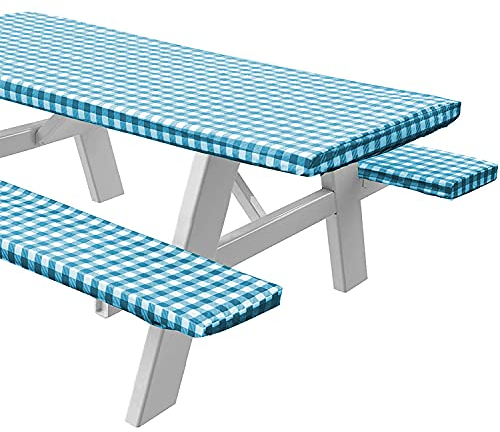 Cozomiz Elastische Tischdecke Gartentischdecke Rundtischdecke wasserdichte rutschfeste Abwischbar Schmutzabweisend Tischdecke Gingan Hellblau 100cm Runde Enge Passform