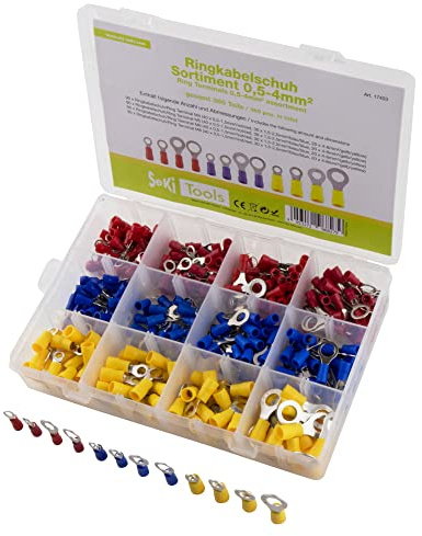 SeKi Ringkabelschuh Sortiment isoliert 360 teilig 0,5-6,0mm²; M4, M5, M6, M8 Kabelschuhe Quetschverbinder SET nach DIN farblich gekennzeichnet