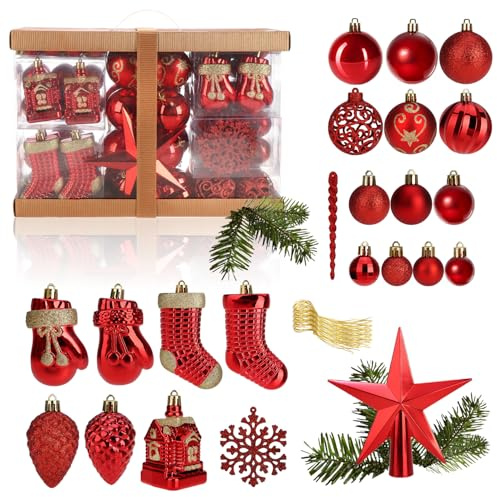 com-four® 128x Weihnachtskugeln, Christbaumkugeln bruchsicher | Baumschmuck für den Christbaum mit Anhänger