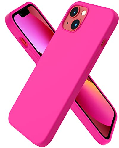 ORNARTO Coque pour iPhone 13 Silicone Rose Fluo | en Silicone Liquide, Protection Antichoc Complète, Intérieur Doux en Microfibre