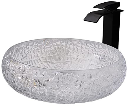 Ksunun Lavabo da Appoggio Lavabo in Vetro di Cristallo Trasparente Lavabo da Bagno Design Moderno Lavabo D'appoggio Round con Rubinetto a Cascata in Ottone Nero Opaco e Tubo Pop-Up, per Bagno