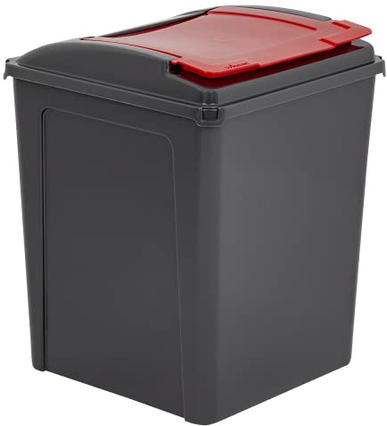 JMS we create smile 50l Litre Outdoor Recycling Bin Durable Waste Rubbish Trash Refused Bin Flap Lid Plastic Dustbin Waste Storage Bin Outside Home Kitchen - Made in UK (Red-Grey)