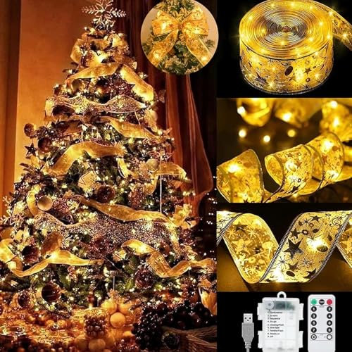 YeahBoom Guirlandes Lumineuses à Ruban Brillant, 10M, 100 LEDs, Sapin Noël LED, Guirlande Decorative Nouvel An Mariage, Arc en Dentelle DIY à Piles, Intérieur/Extérieur