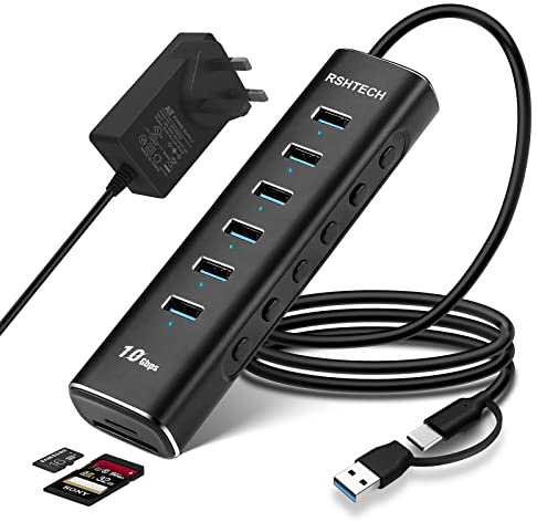 RSHTECH 10Gbps Powered USB C Hub, 8-Port Aluminum USB3 Extension Hub Splitter with 6 USB 3.1/3.2 Gen2 Ports & SD/TF Card Readers, 3.3ft Data Cable and 24W 12V/2A Power Adapter (RSH-A107D)