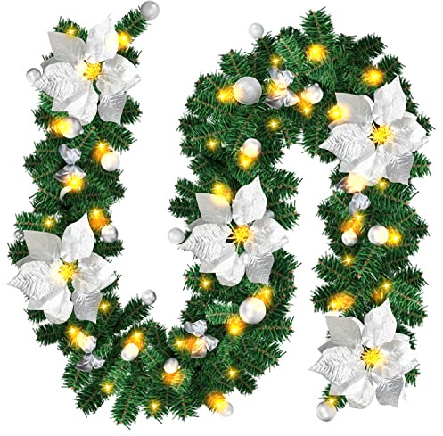 Jiubiaz Weihnachtsgirlande mit Beleuchtung 2.7M/9Ft Künstlich Tannengirlande 50 LEDs Warmweiß Lichterkette Girlande mit Silver Blumen, 38 Glänzend Kugeln, für Haus Treppen Kamin Weihnachtsdeko