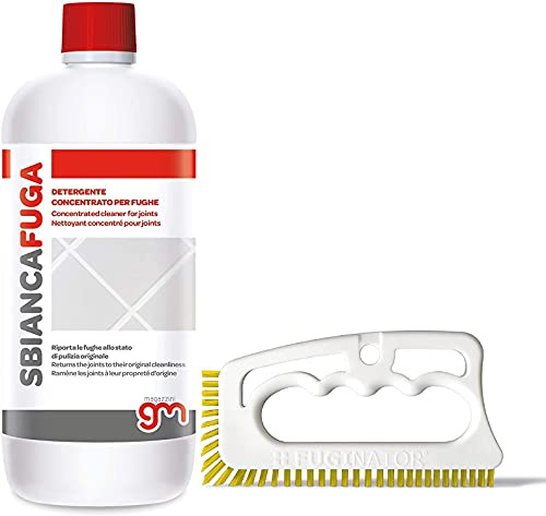 Magazzini GM SBIANCAFUGA, Detergente concentrato ideale per la pulizia delle fughe di pavimenti e rivestimenti, 1 Lt + Fuginator, Spazzola Per Fughe (Bianca Giallo)