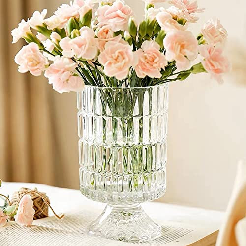 BLOFLO Embossed Glass Vase, 7'' Crystal Glass Vases, Pedestal Big Base Glass Bouquet Vase, Hydroponic Glass Transparent Vase for Home Office Wedding Dining Table Party (Ribbed Pattern)