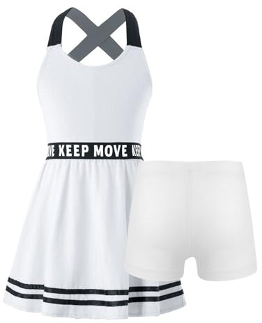 iiniim Mädchen Sport Set Tenniskleid + Shorts Golf Sport Kleider Ärmellos Racerback Sportliche Trainingskleid Fitness Yoga Outfits Af Weiß 128
