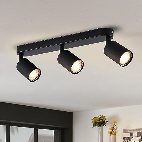 ANWIO 3 Black GU10 Spotlight Ceiling Lights,Bedroom Kitchen Lights Ceiling,GU10 Industrial Hallway Ceiling Light Fitting,Spot Light Bar Indoor Adjustable Light Ceiling Spot Lamp(Bulbs Not Included)