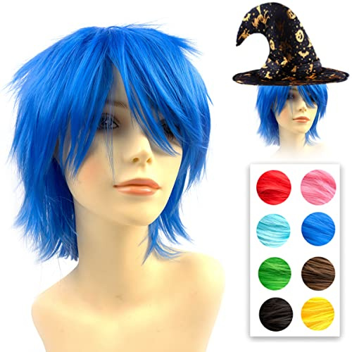 Cosplay Anime Wigs Juwel Blau Perücke mit Pony für Fasching Damen Herren | Geschichtete Kurze Haare Perücken für Cosplay Party Halloween Karneval Frauen, Hitzebeständiges Synthetikhaar Kunsthaar