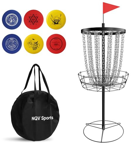 NQV PRO Disc Golf Basket,Heavy Duty 24 Chain Portable Target with 6pcs Disc Golf Discs and Transit Bag, Outdoor/Indoor, Black