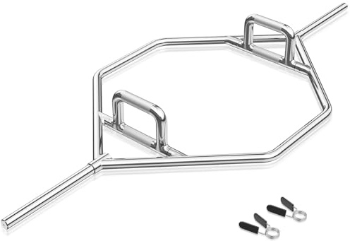 GOPLUS Trap Bar, hex bar av stål som kan belastas upp till 226 kg, hantelstång med fällbart handtag, räffling och fjäderlås, hexagonstång för knäböj och korslyftning, silver