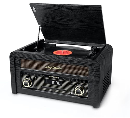 Bmi Platine Vinyle Muse MT-115W, Micro-Chaîne Radio FM avec 30 Stations préréglées, Stéréo 33/45/78 Tours, CD, Puissance 20W