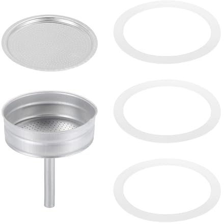 sourcing map Stovetop Espresso Maker Replacement Aluminium Coffee Pot Parts with 1pcs Filter and 3pcs Silicone Gasket Seals,1pcs Funnel 81x71x4mm for 12-Cup Mocha Coffee Maker Pot(Silver)