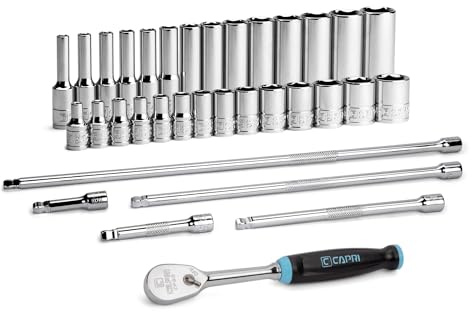 Capri Tools 1/10.2 cm Drive Master 6-Kant Chrom Steckschlüsselsatz 4 bis 15 mm mit Verlängerung und 90 Zähne Soft Grip Ratsche, 34-teilig, metrisch