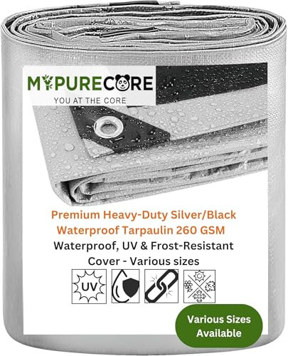 MYPURECORE Premium Heavy-Duty Tarpaulin 260 GSM - Waterproof, UV & Frost-Resistant Cover - Versatile for Camping, Garden, Gazebo, Trailer - Silver/Black Sheet with Reinforcement Edge (3m x 3m)