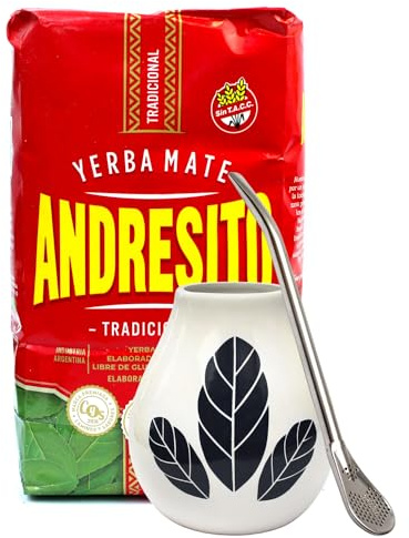 Argentinien Yerba Mate-Tee Set●Keramik Mate-Tee Becher 350ml●Mittelstarker argentinischer mate Andresito 500g●Edeltahl trinkhalm bombilla●Mate-Trinkgefäß● Mateblätter und Stöcke●