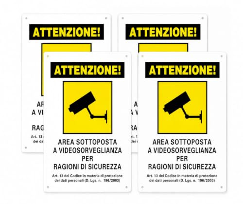 Cartello Attenzione Area Videosorvegliata per Ragioni di Sicurezza, per Locali e Proprietà Privata, Segnaletica con Nastro Adesivo 20 x 30cm (4PCS - VIDEO2003)