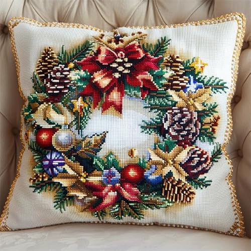Kreuzstich Kissen Set Vorgedruckt Weihnachten Stickkissen zum Selbersticken 45X45cm Stickpackung Stickset Kreuzstich Kissen zum Basteln Stickkissen Stickpackung mit Vorgedruckt Kreuzstichmotiv