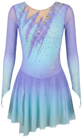 LIUHUO Robe de Patinage Artistique élégante pour Filles et Femmes avec Jupe de Danse sur Glace dégradé Bleu, Bleu