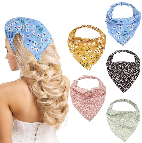 KEYRI 5 Piezas Pañuelos Flor Cabeza Mujer, Pañuelo Triángulo Diademas Para el Pelo Estilo Boho Cinta Elástica Turbantes Para Niña Ducha Deporte Yoga