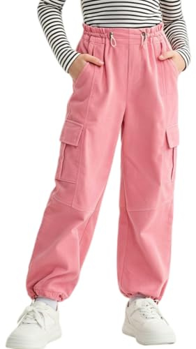 Rolanko Pantalon Cargo Fille avec Ceinture Réglable Taille Haute Élastiquée en Velours Côtelé Jogging Pantalon de Danse Hip Hop pour Enfants