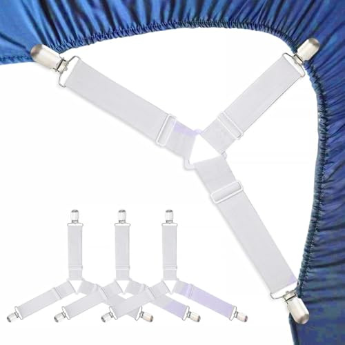 SIRLOMU Lot de 4 Tendeurs de Draps, Fixations Réglables pour Draps, Tendeurs Triangulaires avec Clips Métalliques, Attaches pour Draps, Matelas, Canapé, Table à Repasser