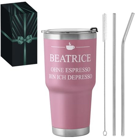 Maverton Edelstahl Kaffeebecher to go 800 ml Rosa - mit 2 Strohhalme & Reinigungsbürste - Thermobecher Geschenk für Frauen - Geburtstagsgeschenk für Frauen - personalisierte Geschenke