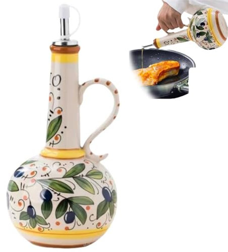 Italian Ceramic Olive Oil Dispenser Bottle 23oz, Hand Painted Olive Oil Bottles, Decorative Stoneware Olive Oil Cruet for Kitchen with Stainless Steel Spout for Oils, Sauces, Vinegar (1Pcs)