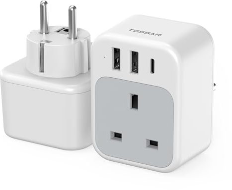 TESSAN UK to European Plug Adapter 2 Pack, USB C Travel Adapter UK to Europe with 3 USB, 4 in 1 Type E F EU Plug for Euro Spain France Turkey Germany Egypt Norway Iceland Greece Portugal Poland