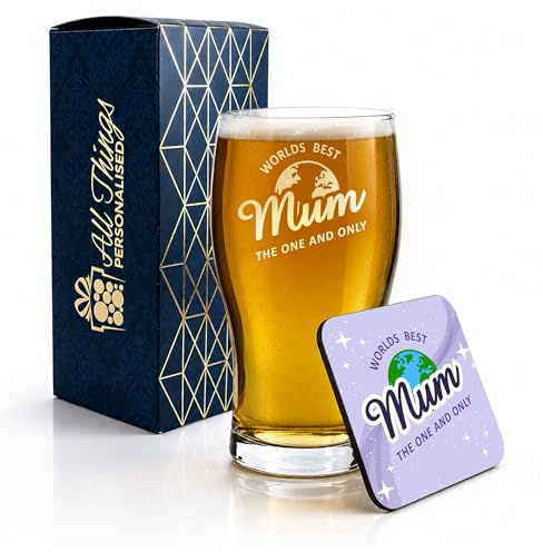 All Things Personalised Engraved Pint Glass and Coaster Gift Set with Worlds Best Mum, Mothers Day Gift, Birthday Present for Her, Gift Boxed, MDF Drinks Coaster