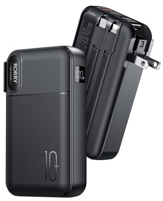 RORRY Portable Charger Built in Cables, AC Wall Plug In Portable Charger Power Bank 10000mAh Travel Battery Pack 22.5W Fast Charging for iPhone 17/16/15 Samsung Galaxy S24/S23/S22 Pixel LG iPad, Black